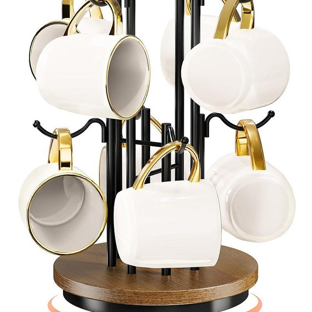 GIGIFTREE 360° Rotating Coffee Mug Tree for Counter, 8-Hook Mug Holder with Wooden Base, Space-Saving Mug Tree for Large Cups, Anti-Slip Coffee Cup Holder Black Walnut Color
