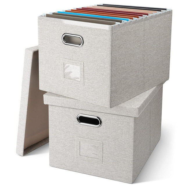 Graciadeco File Organizer Box, Collapsible Storage Filling Box with Lid for Letter Legal Size Hanging Folders Decorative Linen File Folder Box Document Storage Filing Bin, Beige 2 Pack