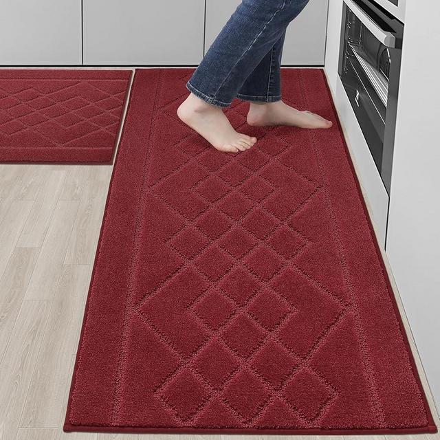 BEQHAUSE Kitchen Rugs Sets of 2 Washable Soft Kitchen Mats for Floor Non-Slip Kitchen Runner Rugs Absorbent Kitchen Floor Mats for Area Rugs,Sink,Hallway,Laundry 24”x35”+24”x60”,Burgundy Red