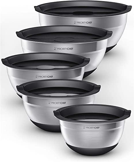 PriorityChef Stainless Steel Mixing Bowls With Lids Set of 5 - Multifunctional Stackable Measuring Bowl Set With Silicone Base - 1.2 / 1.7 / 2.2 / 3.6 / 4.7 Quart