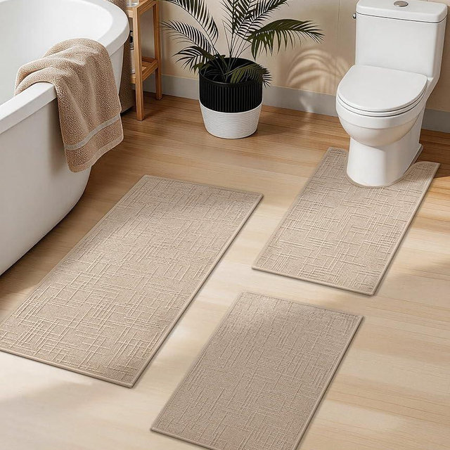 YIHOUSE Bathroom Rugs Sets 3 Piece Beige, Non Slip Bath Mats Sets of 3 Quick Dry, Absorbent Washable Thin Bathroom Rugs Fit Under Door for Elder, Sink, Laundry(16x24+16x24U+16x32in)