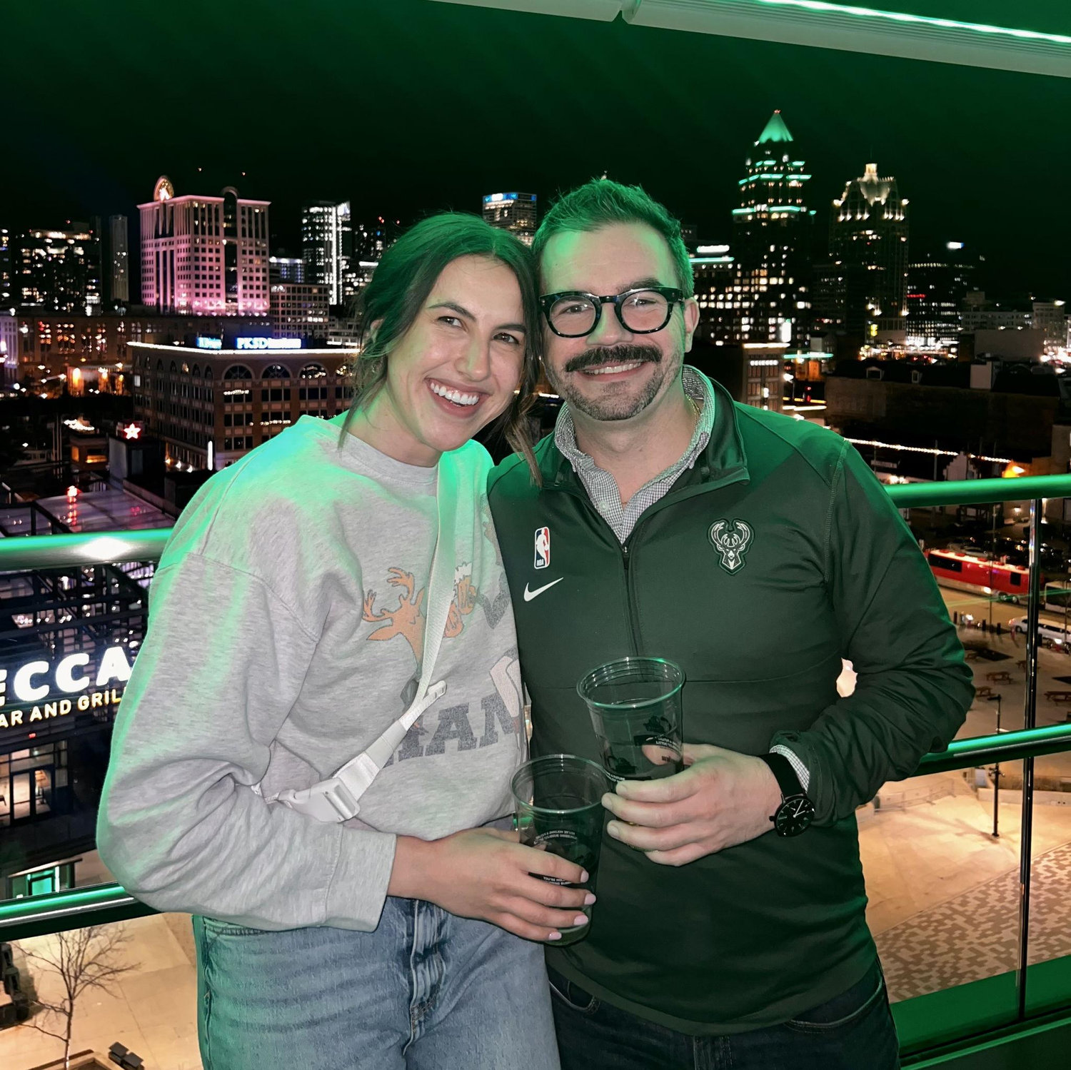 First "nice" photo together. The spot of our first date, the Fiserv Forum - Spring 2024