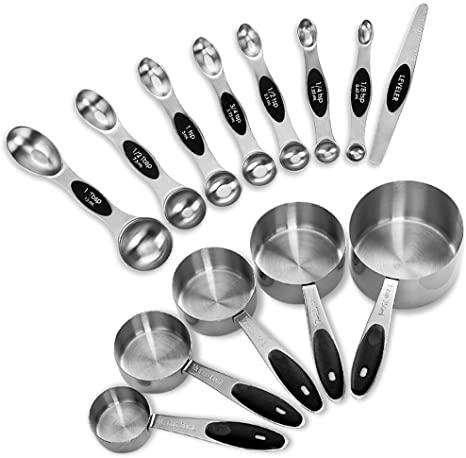 EDELIN Measuring Cups and Magnetic Measuring Spoons Set, Stainless Steel 5 Cups and 7 Spoons and 1 Levele (Black)