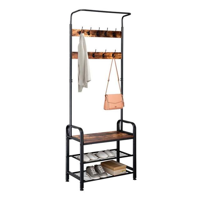 ZONSE Industrial Coat Rack with Metal Frame,for Hall Tree Entryway Shoe Bench, Storage Shelf Organizer, Accent Furniture,Black+Brown