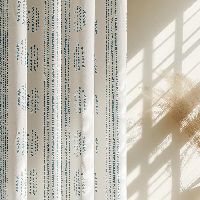 ugoutry 100% Boho Blackout Curtains 84 Inches Long for Bedroom, Blue on Beige Patterned Bohemian Curtains for Living Room, Geometric Striped Thermal Insulated Window Drapes Gromment Top 2 Panels