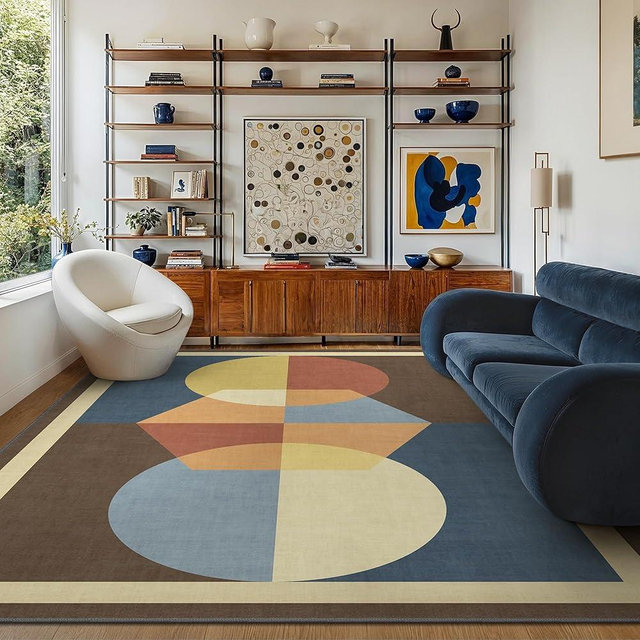 Bavni Geometric Area Rug 8x10, Retro Mid-Century Modern Machine Washable Rug, Funky Colorful or Neutral Style, Non Slip Thin Office Rug, Abstract Non-Shedding Rugs for Living Room, Bedroom, Brown/Blue