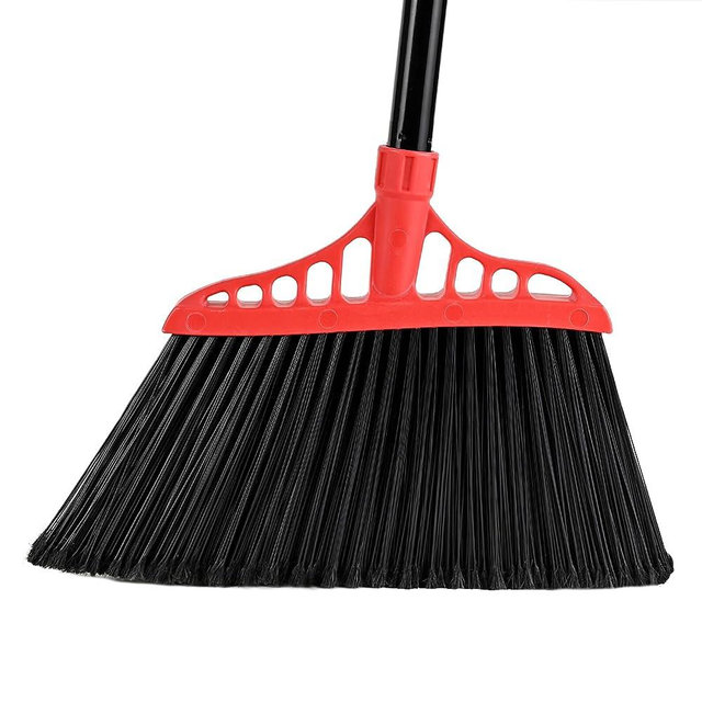 Tiumso Heavy Duty Broom Indoor Outdoor Commercial Broom, 55" Long Handle Broom with CornerReach for Garage Patio Kitchen Sidewalk Deck Workshop Driveway Floor Room Rubbish Sweeping- Black and Red