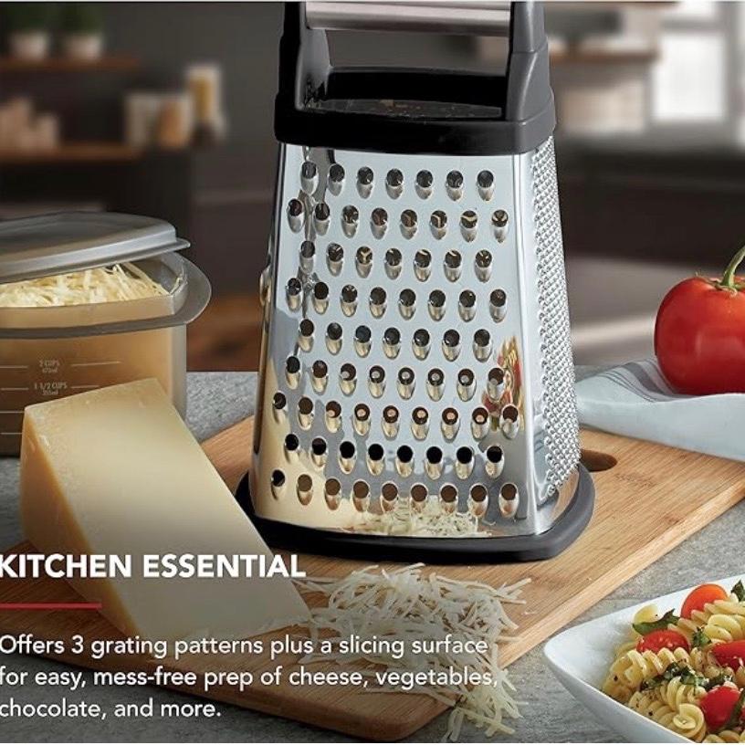 KitchenAid Gourmet 4-Sided Stainless Steel Box Grater for Fine, Medium and Coarse Grate, and Slicing, Detachable 3 Cup Storage Container and Measurment Markings, Dishwasher Safe, 10 inches tall, Black