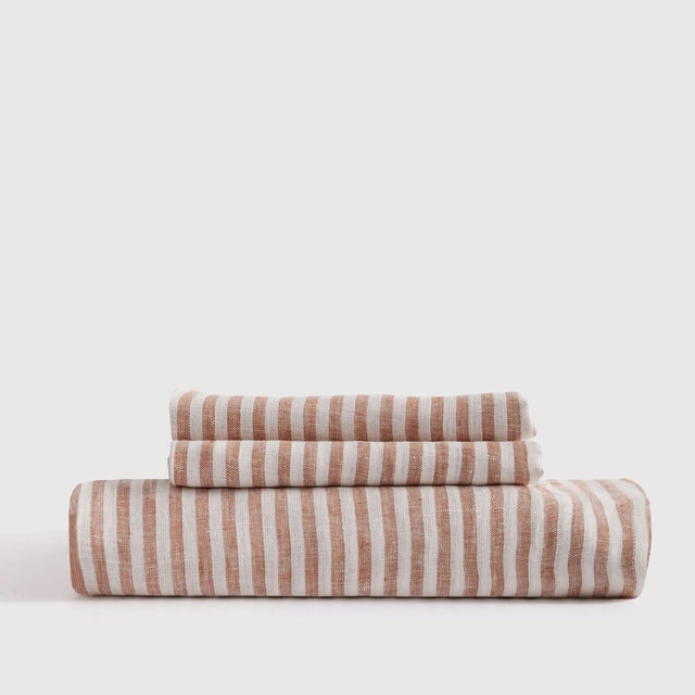 King European Linen Fitted Sheet Set in Terracotta/White Stripe