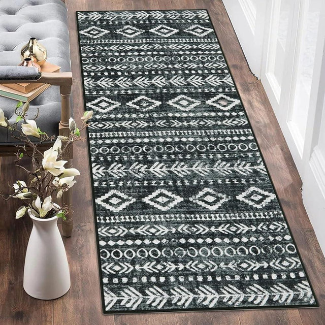 Lahome Washable Rug Runners for Hallways Non Slip, Boho Moroccan Black White 2x5 Hallway Runner Rug with Rubber Backing, Low-Pile Soft Rustic Tribal Print Carpet Runner for Bedroom Entryway