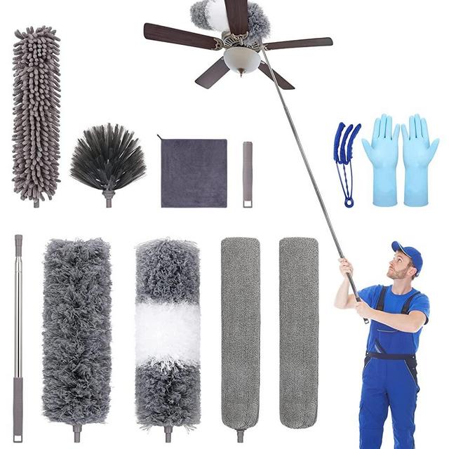 Microfiber Feather Duster (11pcs), Extendable Dusters for Cleaning with 100" Extension Pole, Washable Dusters, Reusable Bendable Dusters for Cleaning Ceiling Fan, High Ceiling, TV, Blinds, Cars