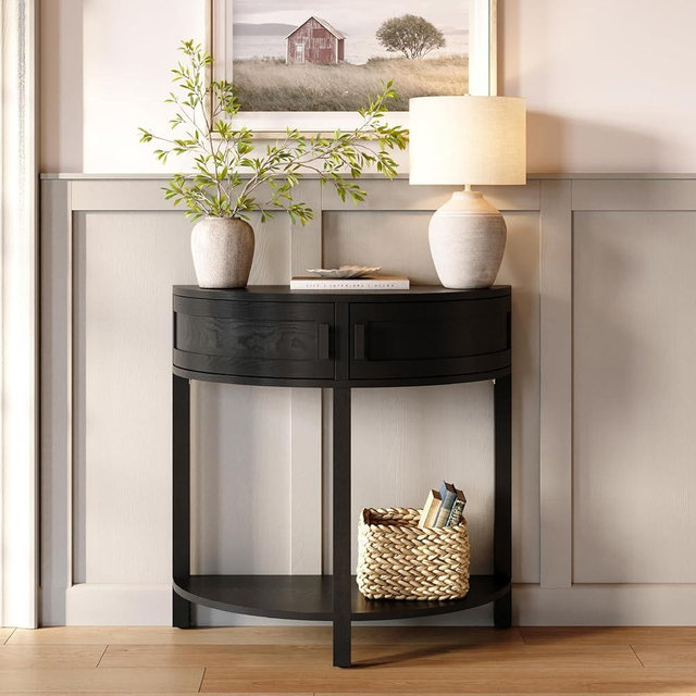 Farmhouse Half Moon Console Table - Small Entry Table with Storage for Narrow Spaces - Modern Home Decor - Living Room Furniture - Wood Entryway Table with Doors and Black Knobs (Blackened Oak)