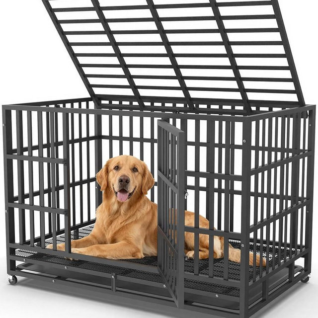 IronovaPets 48 Inch Heavy Duty Dog Crate, Indestructible Escape-Proof Dog Kennel for High Anxiety Large Dogs, Strong Carbon Steel Metal Cage with Double Doors, Lockable Wheels & Removable Tray