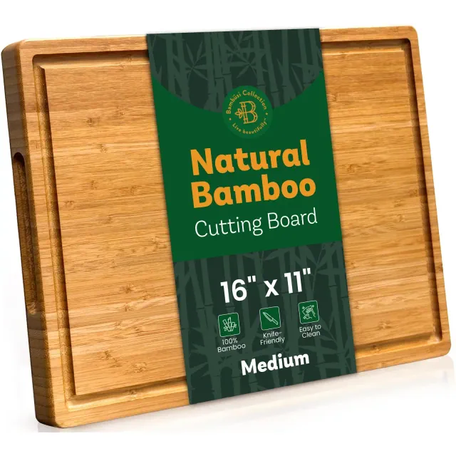 Bamboo Cutting Board with Juice Groove & Handles for Kitchen Prep, Serving & Charcuterie – Medium 16”x11”
