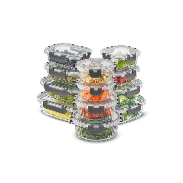 JoyJolt 24 Piece Fluted Glass Food Storage Containers with Leakproof Lids Set - Gray