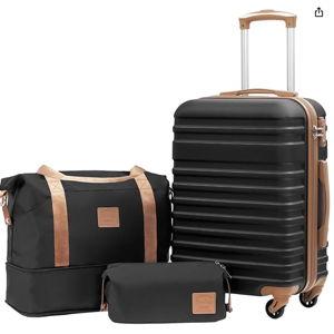 Coolife Suitcase Set 3 Piece Luggage Set Carry On Hardside Luggage with TSA Lock Spinner Wheels (Black, 3 piece set (DB/TB/20))