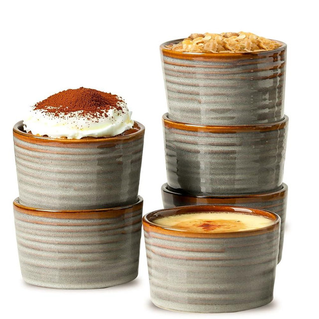 Hasense Creme Brulee Ramekins Oven Safe, 8 Ounce Ceramic Souffle Dish Set of 6, Small Dipping Sauce Bowls for Pudding, Souffle, Serving Dip, Custard, Ice Cream, Light Grey