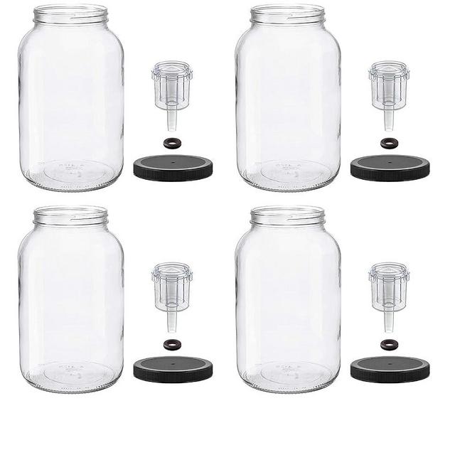 North Mountain Supply 1 Gallon Glass Jar Wide Mouth with Grommeted Black Plastic Lid, and 2-Piece Airlock - USDA, BPA-Free, Made in the USA - for Fermenting, Kombucha, and Much More! - Case of 4
