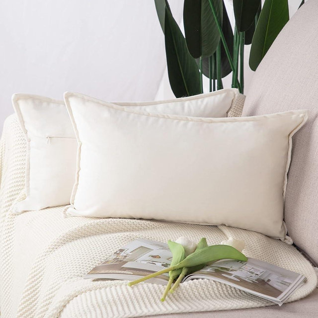 MADIZZ Set of 2 Super Soft Velvet Decorative Throw Pillow Covers 12x20 inch White Rectangular with Fringe Luxury Style Cushion Case Pillow Shell for Sofa Bedroom