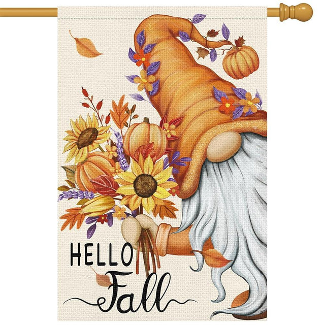 Heyfibro Hello Fall Gnome Garden Flag 28x40 Double Sided Burlap, Pumpkin Sunflower Garden Yard Flags for Thanksgiving Rustic Seasonal Outside Outdoor House Decoration (ONLY FLAG)