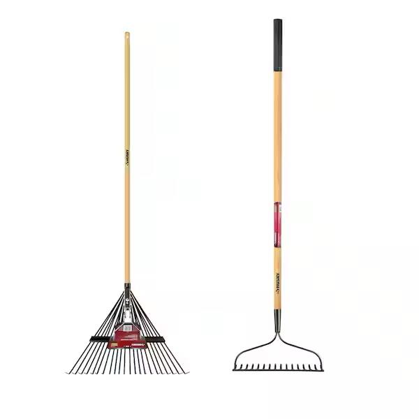 Husky 57 in. Wood Handle 16 Tine Bow Rake and 53 in. Long Wood Handle 22 in. Steel Leaf Rake