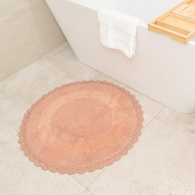 Unique Round Boho Bath Mat with Crochet Contour - 100% Cotton Boho Bathroom Rugs -Reversible - Decorative Non-Slip Bohemian Rug for Bath and Bedroom - Cute Decor - Blush Pink 30"