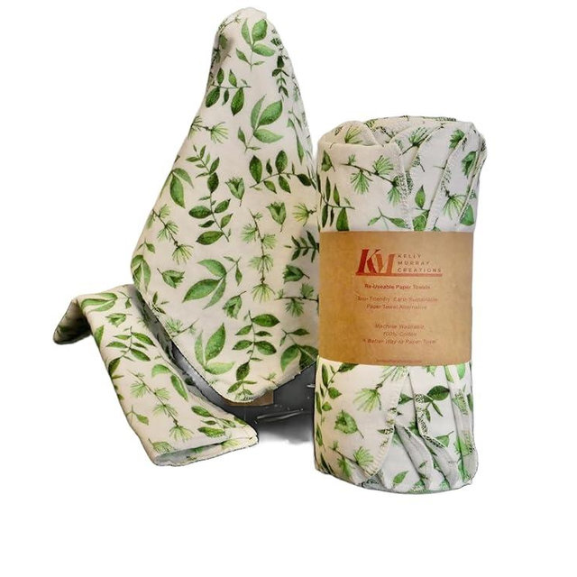 Reusable Paper Towels Washable,(15 Pack) Green Ivy Leaf Print Kitchen Paper Towels for Household Cleaning 100% Cotton Flannel Cloths.Easy to Use Green Earth Sustainable, No Waste