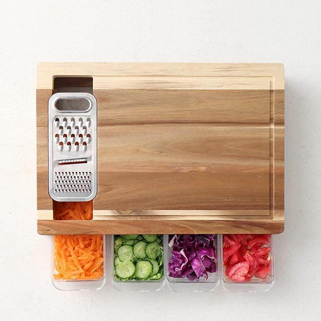 Acacia Wood Cutting Board with Containers & Lids, 3in1 Grater and bonus Bamboo Phone and Tablet Holder by SWILLT-Large Acacia Wood Chopping Board with 4 Storage Trays, Food Prep Cleanup, Juice Groove