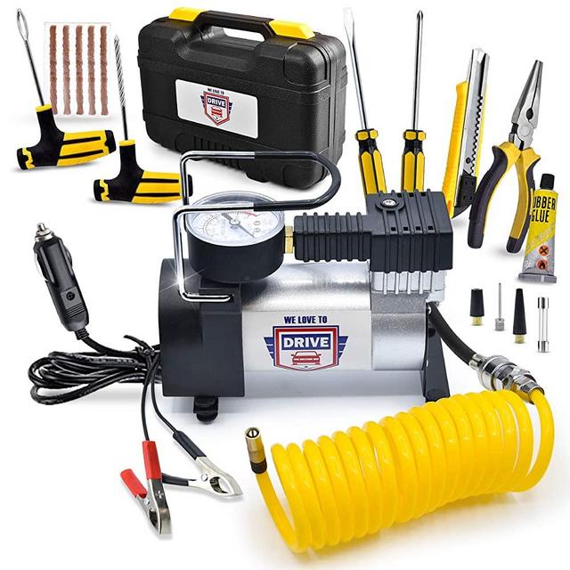 12V DC Best Air Compressor Tire Inflator with Gauge, 150 PSI Portable Air Pump for Car Tires, Trucks & Inflatables, DOUBLE BONUS Tire Puncture Repair Kit & Carry Case by We Love to Drive