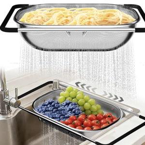 Over the Sink Colander - Strainers and Colanders - Sink Strainer Basket - Expandable Fine Mesh Strainer with Rubber Grip for Veggie, Fruits, Pasta, Home Kitchen Essentials (9.5W x 13.4-21.3L x 3.3H)