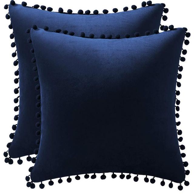 DEZENE Couch Pillow Cases 18x18 Navy: 2 Pack Cozy Soft Pom-poms Velvet Square Throw Pillow Covers for Farmhouse Home Decor