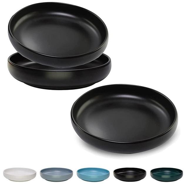 Ceramic Cat Bowls,Shallow Cat Dishes for Food and Water, 6.1 inch Matte Finish Wide Cat Food Bowl,Whisker Fatigue Free Pet Puppy Kitten Bowl Set of 3,Dishwasher Safe Black