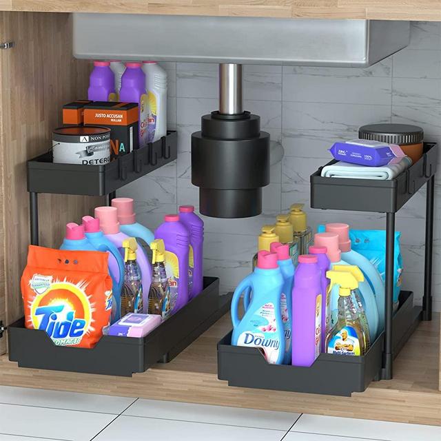 DEKAVA Under Sink Organizer L-shaped，Bathroom Organizer，2 Tier Sliding Cabinet Organizer, Narrow Space Under Sink Organizers and Storage for Kitchen Bathroom (2)