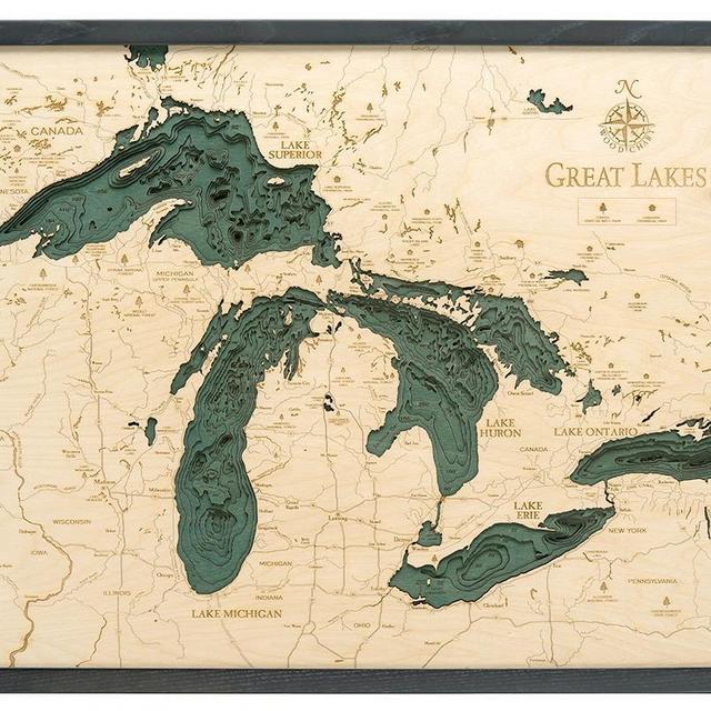 Great Lakes Wood Carved Topographical Depth Chart / Map - Brown Frame