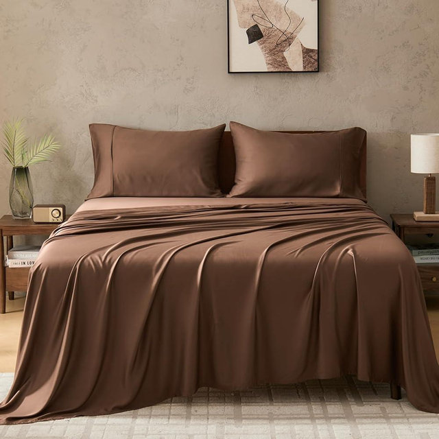 GOKOTTA Queen Sheet Set 4 Pcs,100% Rayon Derived from Bamboo Sheets,Cooling Sheets Queen for Hot Sleepers,16 Inch Deep Pocket Queen Size Bed Sheets with Elastic Corner Straps,Silky Soft - Cocoa Brown