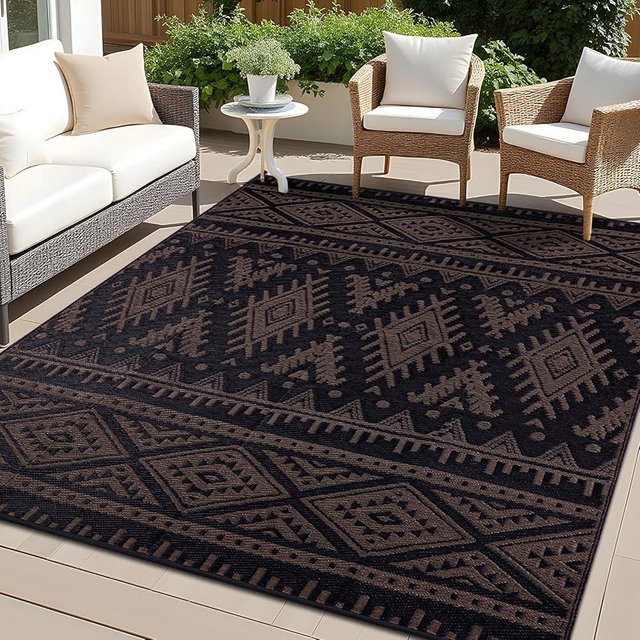 OLANLY Outdoor Rug Waterproof 6x9 ft, Reversible Outdoor Plastic Straw Rug, Boho Patio Rug, Indoor Outdoor Carpet, RV Mat Outside for Patio, Camp, Picnic, Balcony, Deck, Backyard, Black & Brown