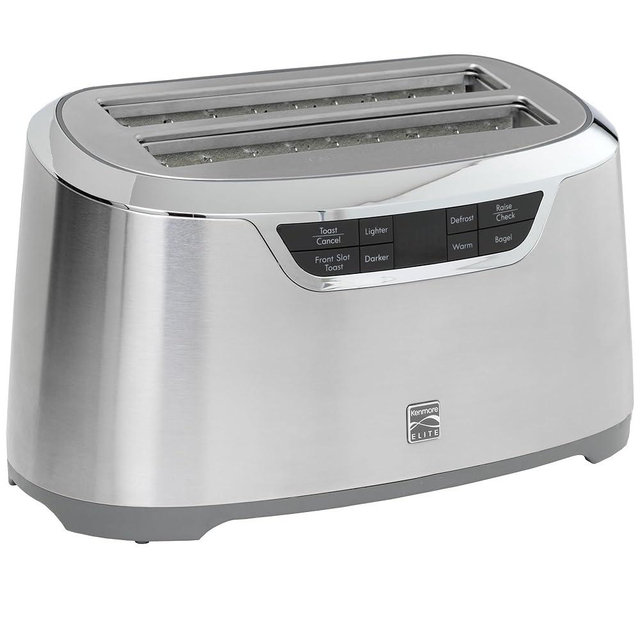 Kenmore Elite toaster 4 slice - long slot countertop kitchen appliance, tostadora de pan, front toast option, easy clean crumb tray, digital control, modern stainless steel design, bread bagel waffels