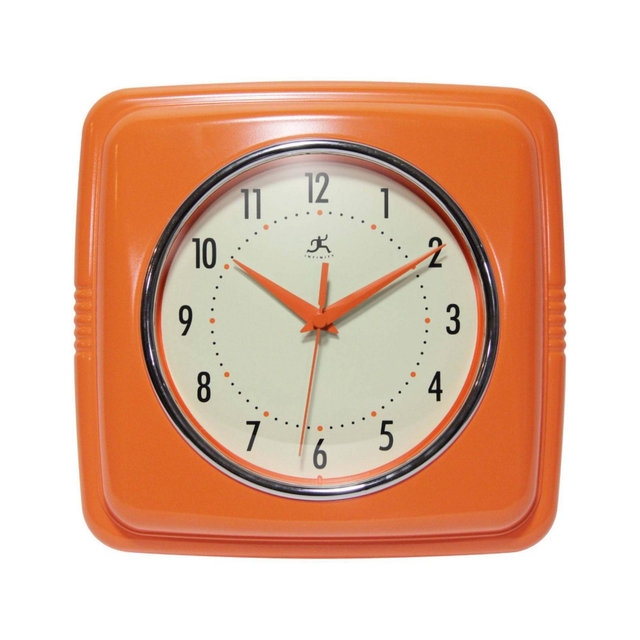 9" Square Retro Wall Clock Orange - Infinity Instruments: Modern Indoor Decor, Off-White Face, Plastic