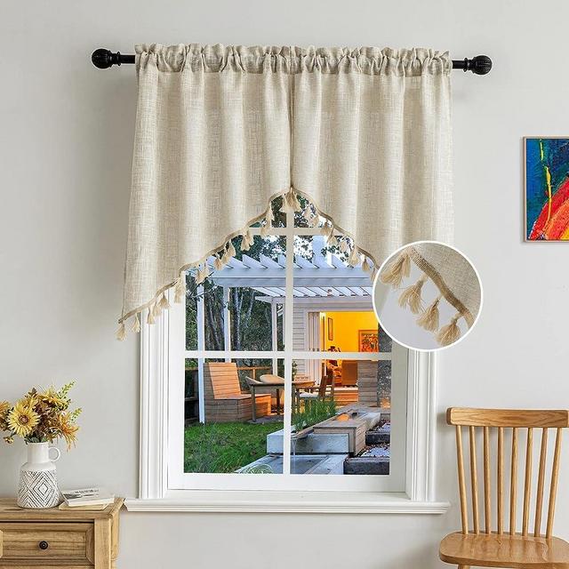 Beda Home-Tassel-Linen Textured-Swag-Curtain-Valance for-Farmhouses’ Kitchen;-Light-Filtering-Rustic Short Swag Topper for Small Windows Bedroom-Privacy Added-Rod-Pocket Design (Nature 36x36-2PCs)