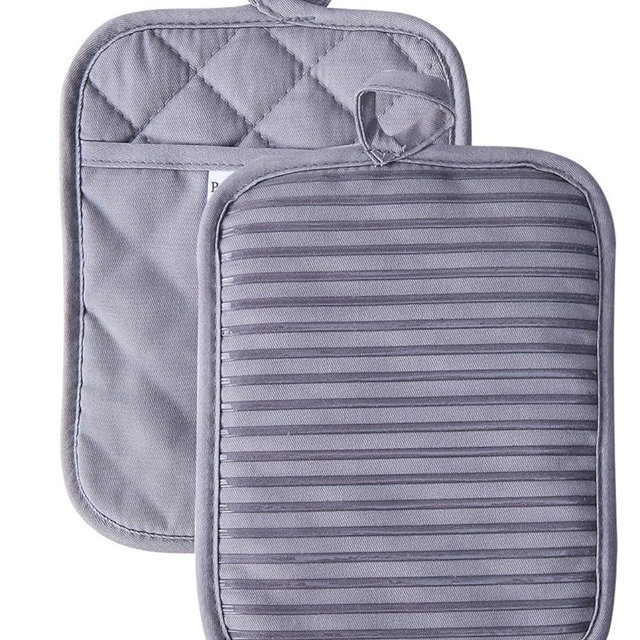 Kitchen Everyday Basic Pot Holder Heat Resistant Coaster Soft Silicone Water Resistant Pot Holder Set Oven Mitts with Pocket, 2 Piece Set, 7"x9" Grey