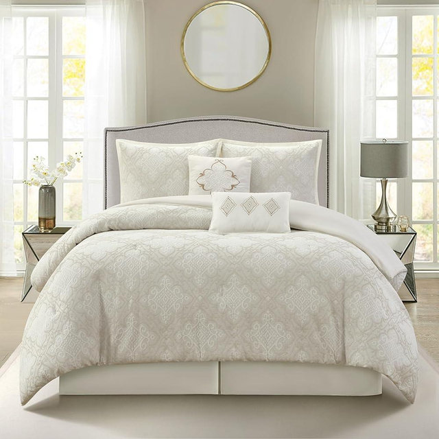 Grand Avenue 6 Piece Cotton White Comforter Set, King Size Jacquard Bedding Set, All Season Geometric Bedding, Matching Pillows, Shams, Bed Skirt