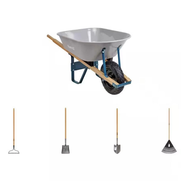 Anvil 6 cu. ft. Steel Wheelbarrow, 47 in. Bow Rake, Transfer Shovel, Digging Shovel and 24 in. Poly Leaf Rake Combo