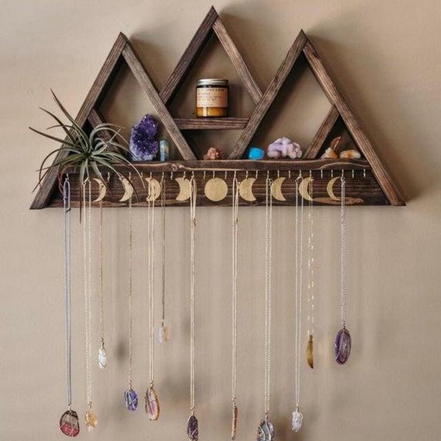 Large Triangle Shelf Jewelry Hanger, Antique Espresso with Moons