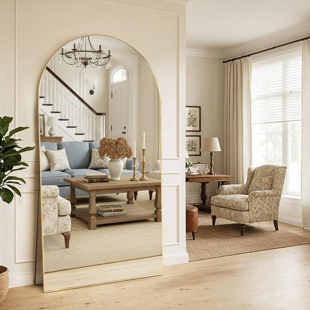 MISSDAY Oversized Arched Full Length Mirror, 81"x41" Gold Full Body Mirror with Stand, Floor Mirror Large Free Standing, Leaning or Hanging, Aluminum Frame Mounted Mirrors Wall Mirrors for Bedroom