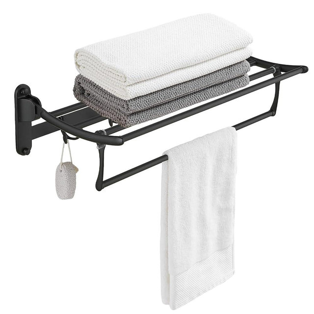 BESy 24 Inch Matte Black Towel Racks, Bathroom Towel Shelf with Foldable Towel Bar Holder and Towel Hooks, Wall Mounted Multifunctional Bathroom Accessories, Double Towel Bars
