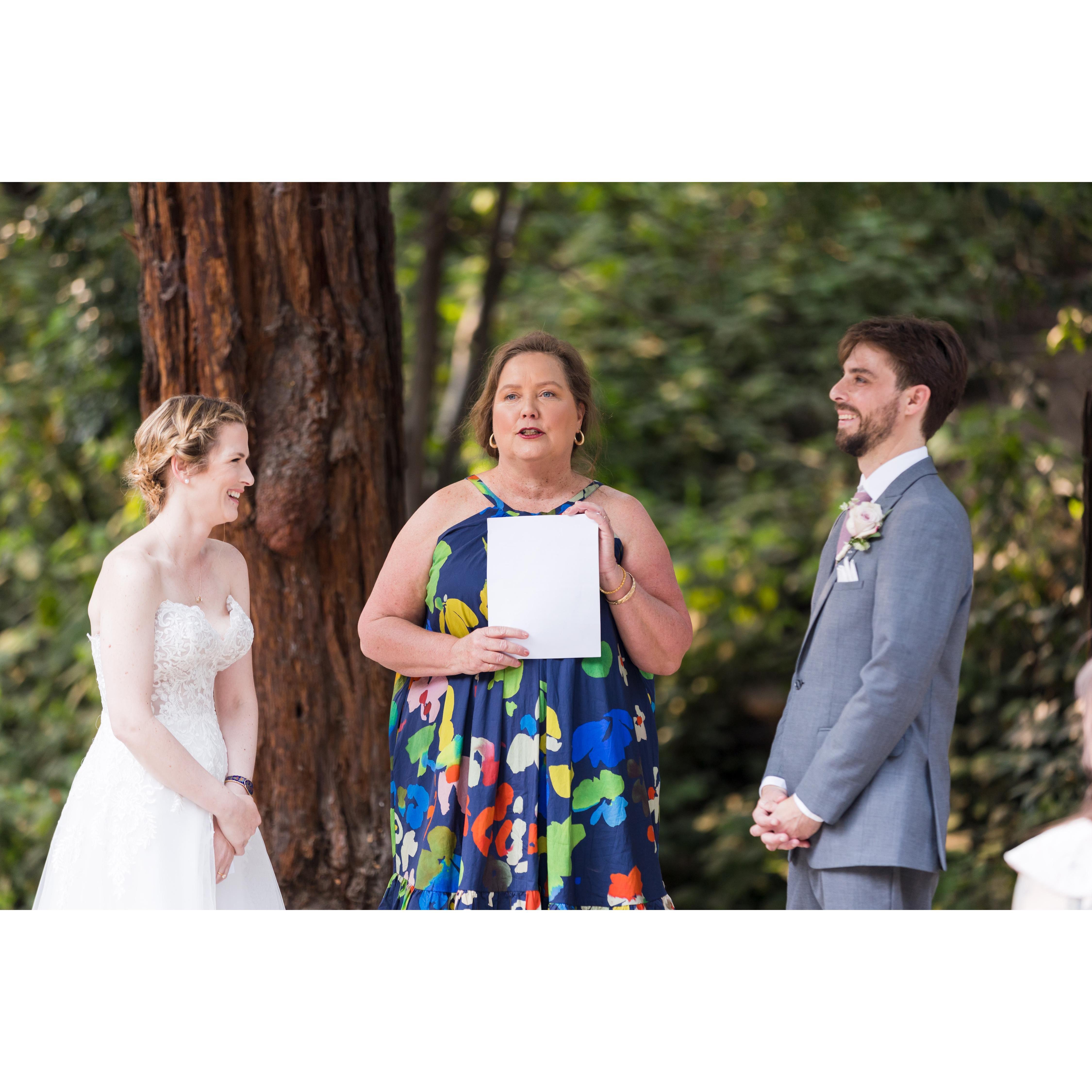 Robin, Dylan's second mom, was our officiant. She gave a touching and beautifully personal ceremony - we love you, Robin!