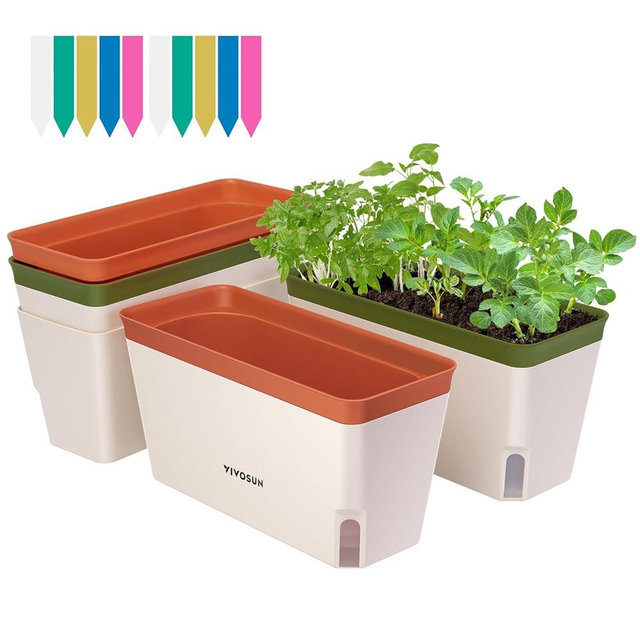 VIVOSUN Self-Watering Planters, 4-Pack 10.5 Inch Compact Rectangular Window Herb Planter Box with 10 PCS Plant Labels, Plant Container for Basil, Flowers, Succulents, Indoor & Outdoor