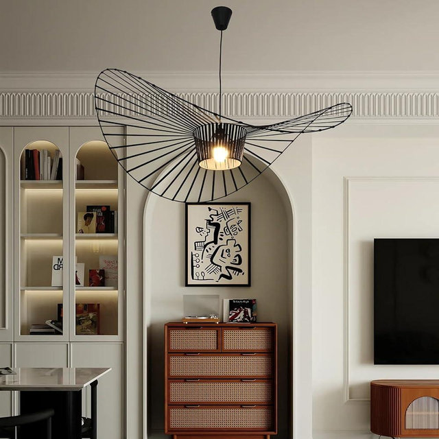 Modern Black Woven Chandelier, 47.2 inch Farmhouse Coastal Hat Pendant Light Fixtures Matte Black Handwoven Shade Boho Pendant Hanging Lamp for Dining Room Kitchen Bedroom Foyer Hallway living room