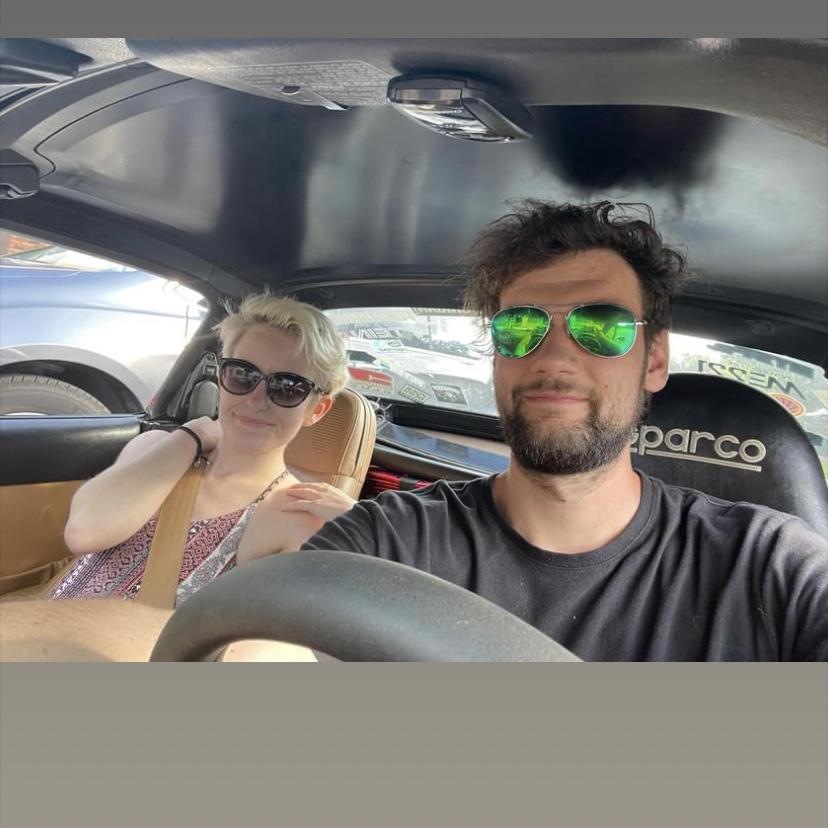 Riding in “Baget”, Alex’s beloved Miata.