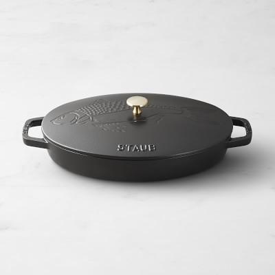 Staub Enameled Cast Iron Oval Gratin with Sea Bass Embossed Lid